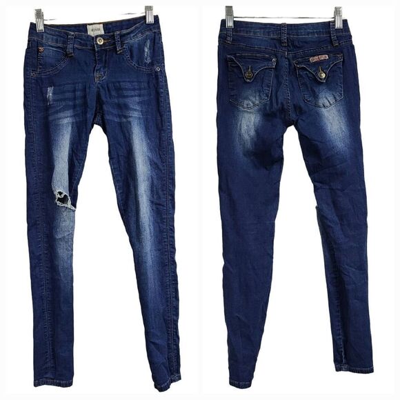 Hudson Girls Skinny Fit Jegging Stretch Distressed Denim Holey Dark Blue Jeans - Picture 1 of 7
